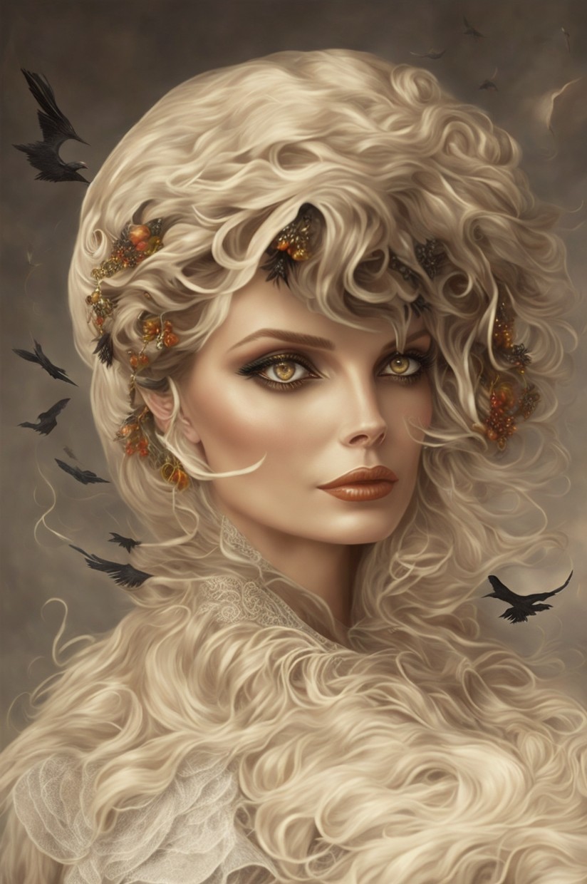 Portrait of a Woman with Curly Blonde Hair and Nature Elements