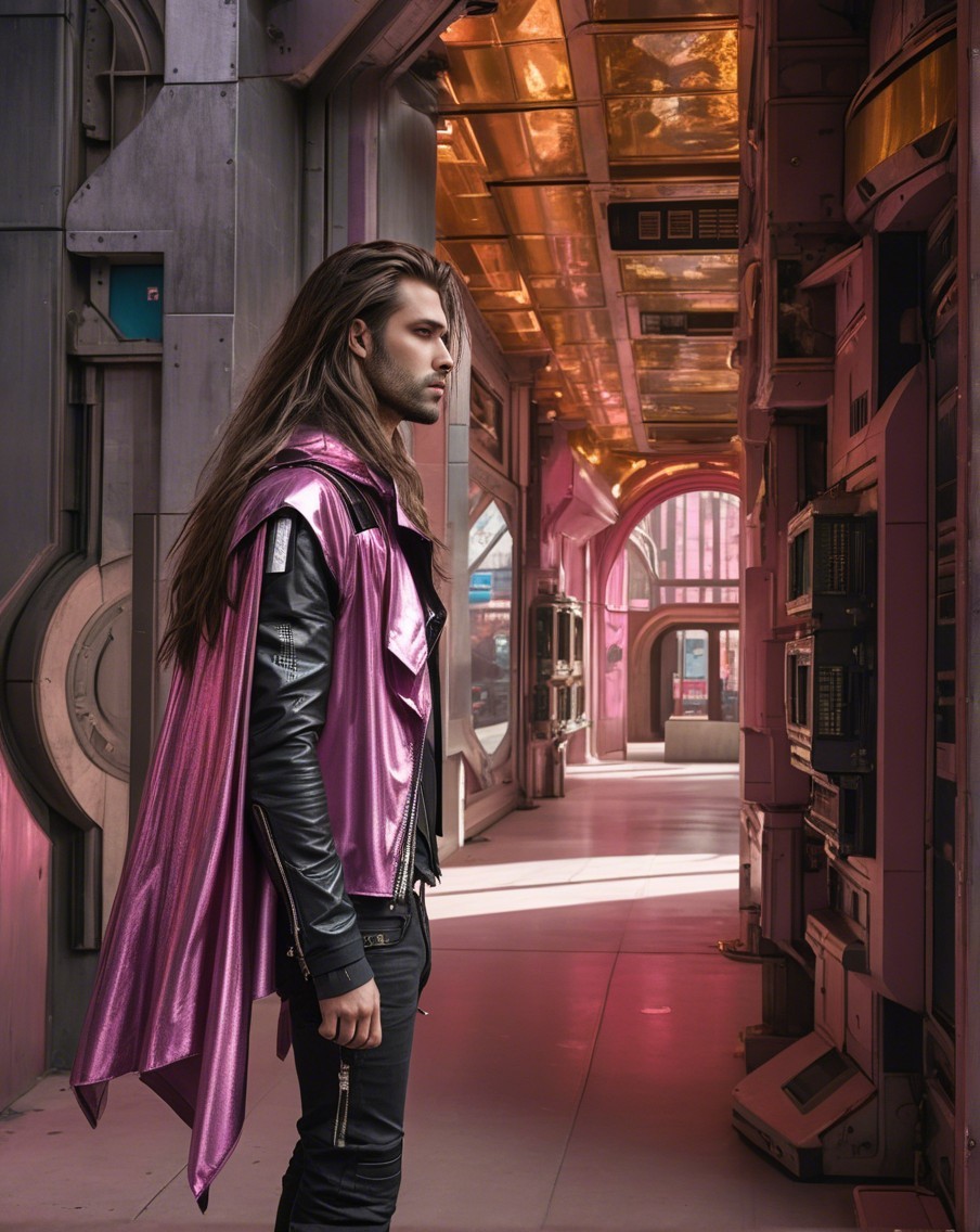 Young man in metallic pink cape in futuristic corridor
