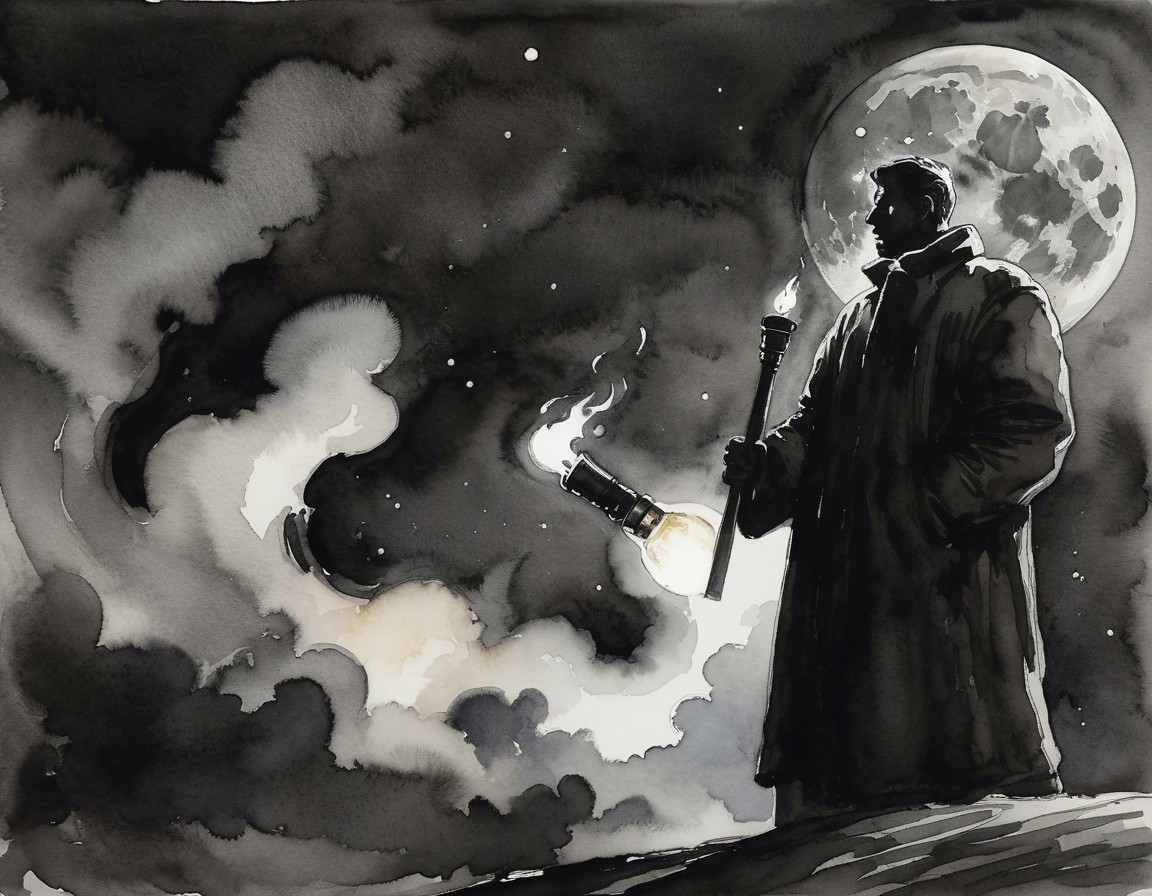 Lone Figure Under Dramatic Night Sky with Full Moon
