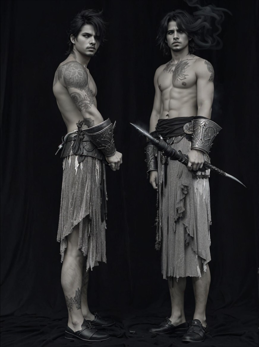 Muscular Figures with Tattoos and Metallic Armor