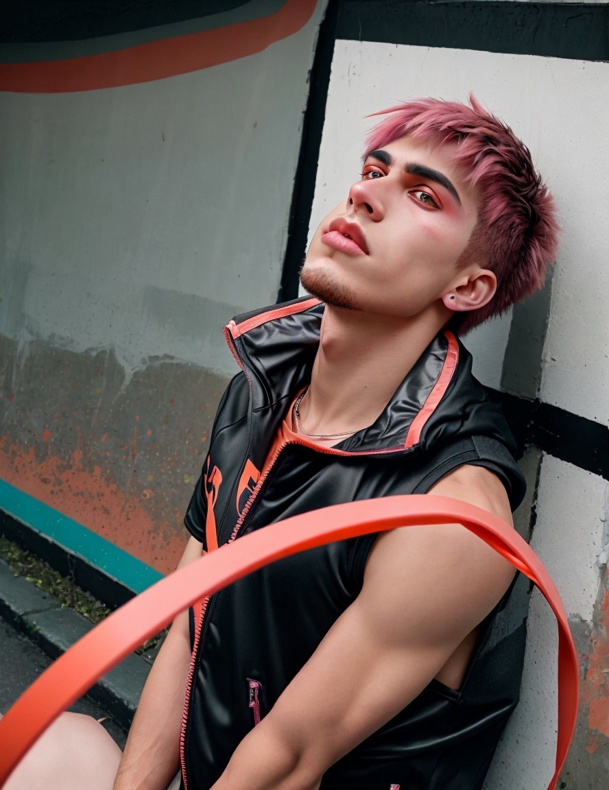 Young man with pink hair against a colorful wall