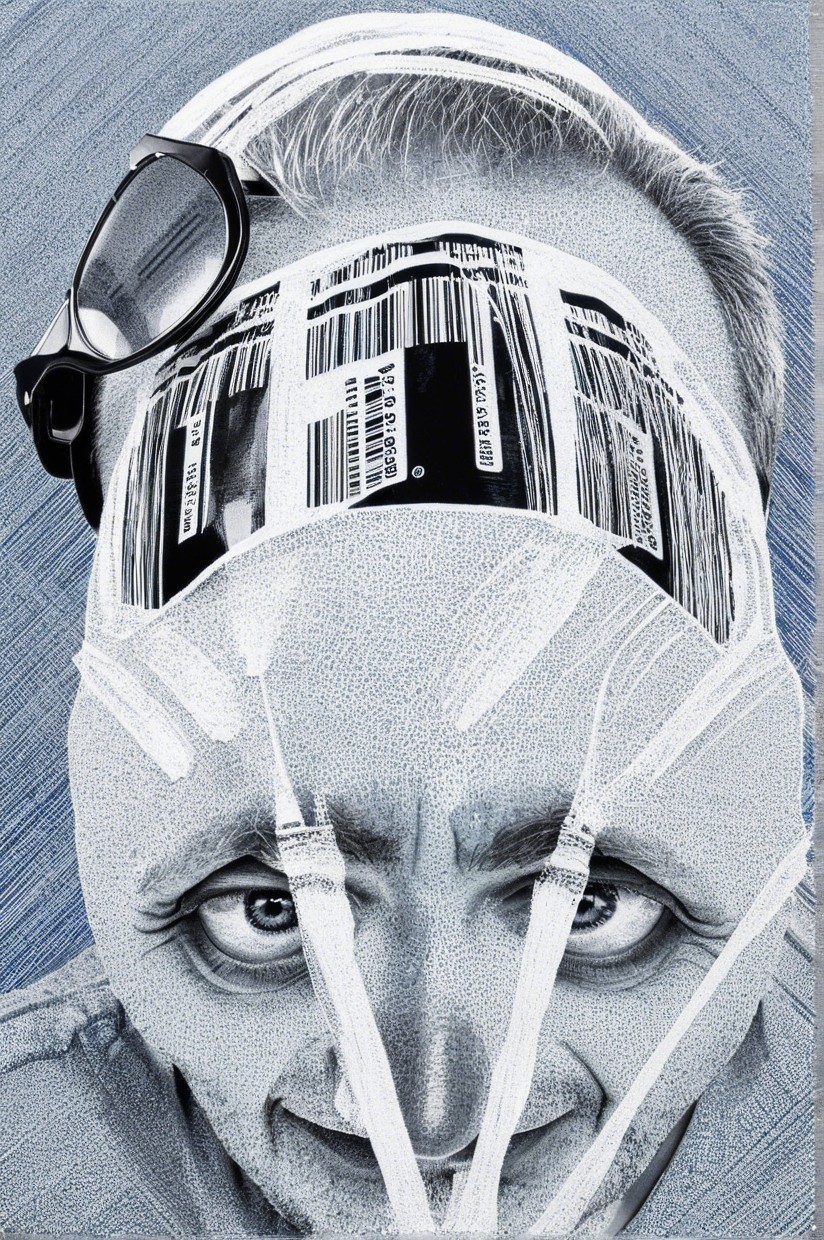 Stylized portrait of a man with barcode design