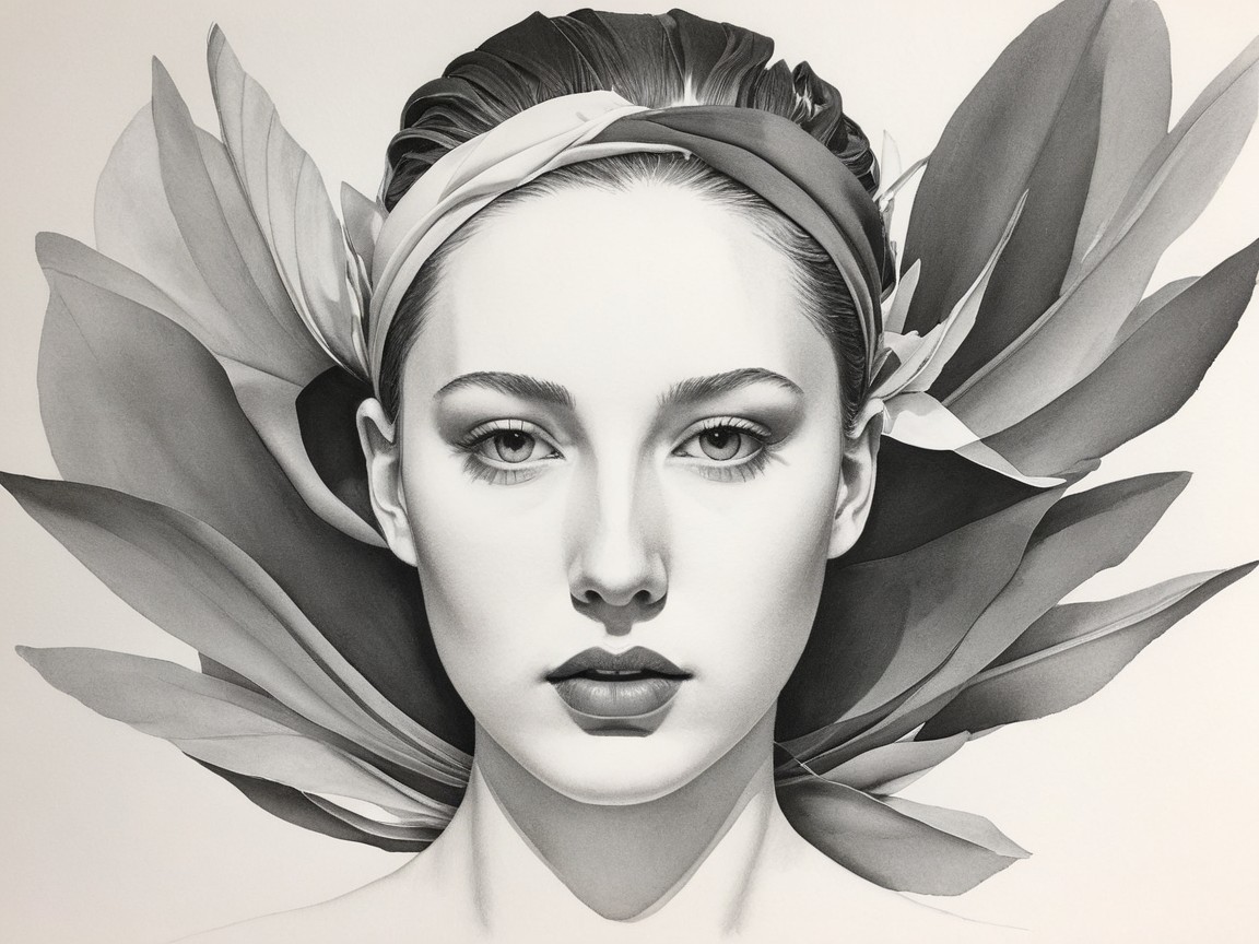 Monochromatic Portrait of a Young Woman with Leaves