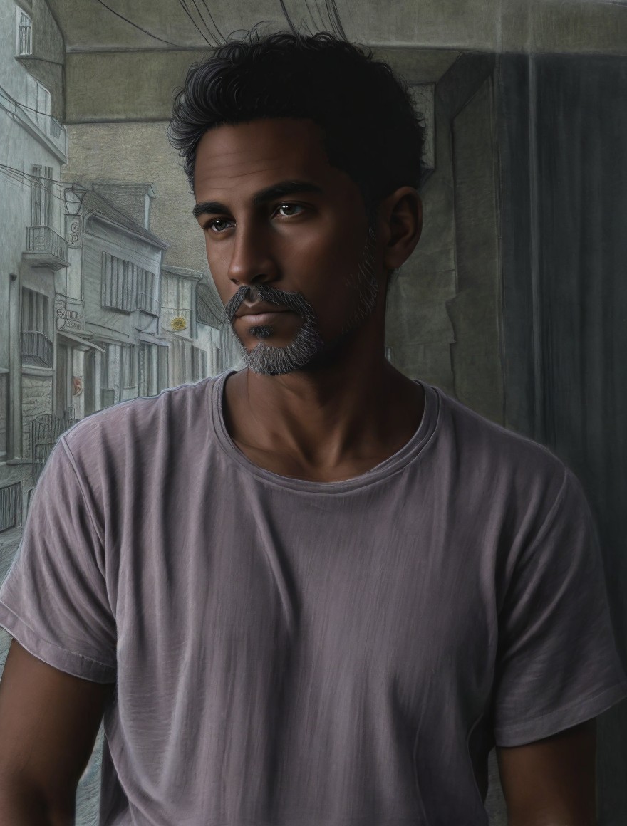 Thoughtful Man in Light T-Shirt Against Urban Backdrop