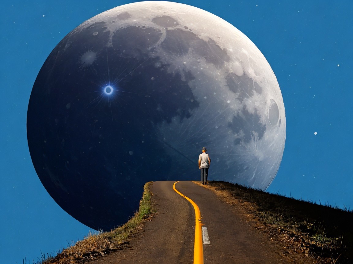 Lone Figure on Winding Road Under Luminous Moon