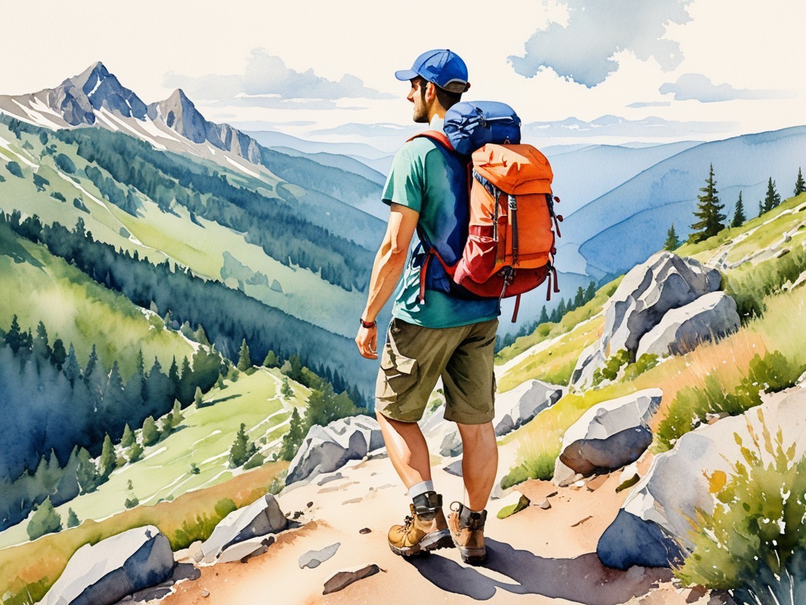 Watercolor Painting of a Hiker in Mountain Landscape