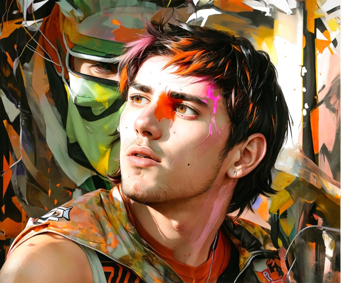 Young man with colorful hair in abstract setting