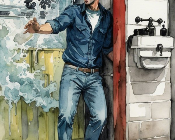 Young man in bathroom facing water crisis moment