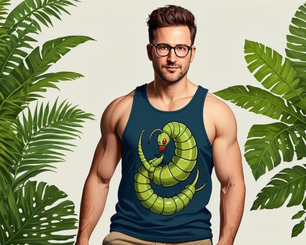Muscular Man in Blue Tank Top with Caterpillar Design