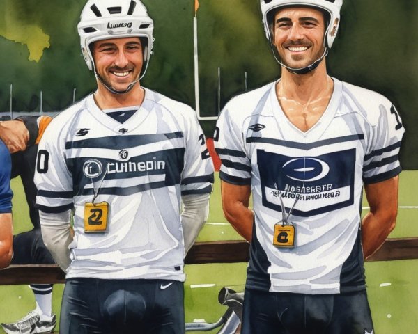 Athletes in White Jerseys on Sports Field with Goalposts