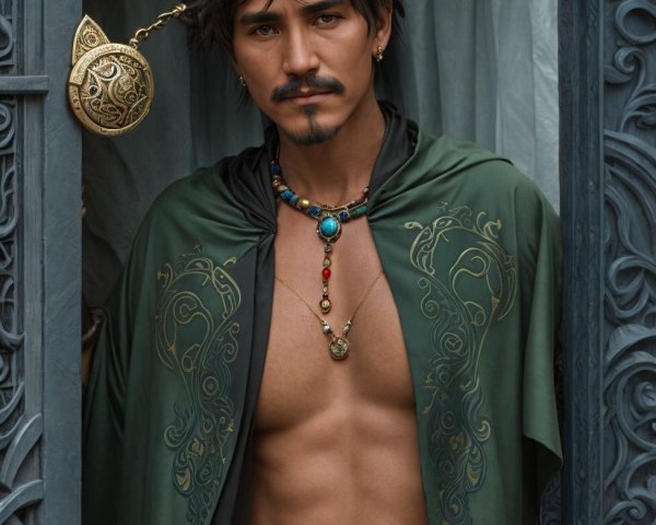 Man in Green Cloak with Intense Expression and Jewelry