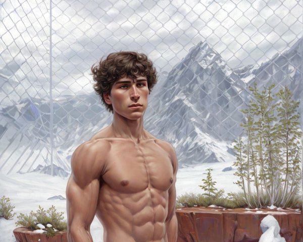 Muscular Man in Snowy Landscape with Mountains