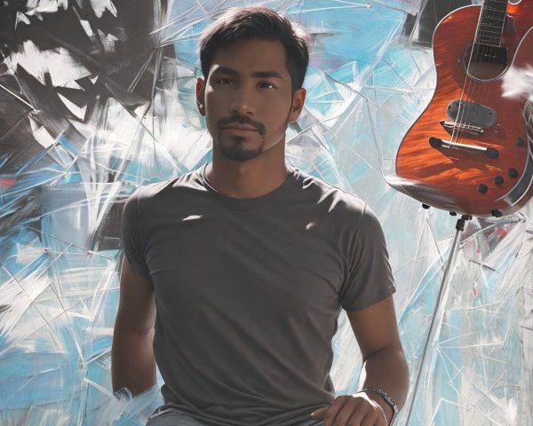 Young man in gray shirt with acoustic guitar backdrop
