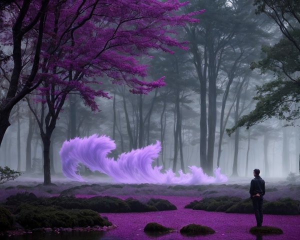 Misty Forest with Purple Trees and Ethereal Energy