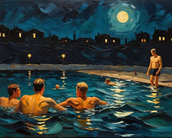 Young Men Relaxing by a Moonlit Pool at Night