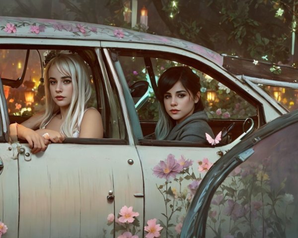 Three Women in Flower-Adorned Car Surrounded by Nature