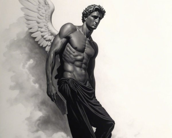 Muscular Angelic Figure with Wings and Book on Pedestal