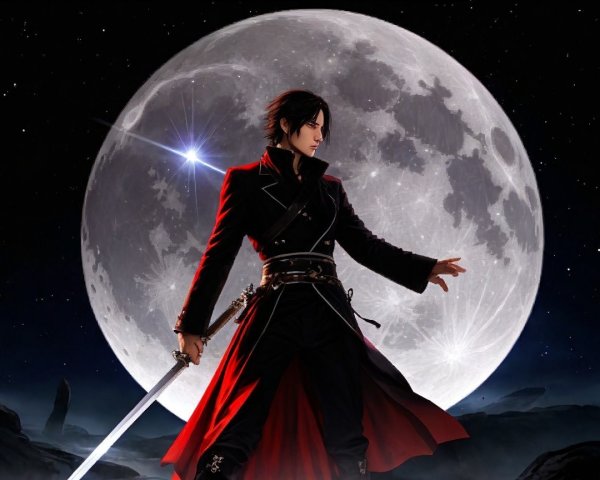 Character in Red Coat with Sword Under Full Moon