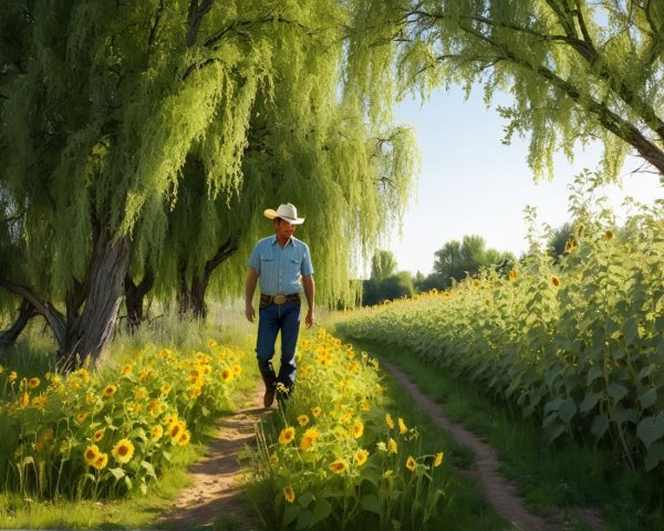 Man in Blue Shirt Walking Along Sunflower Path