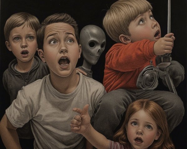 Children Expressing Surprise and Wonder in Adventure Scene