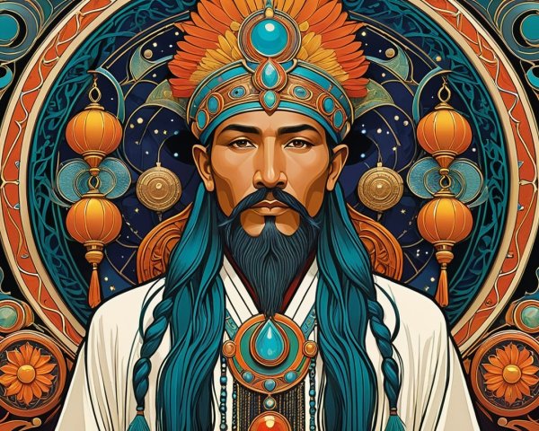 Regal figure with elaborate headdress and jewelry