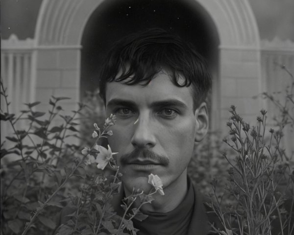 Young man in a lush garden with blooming flowers