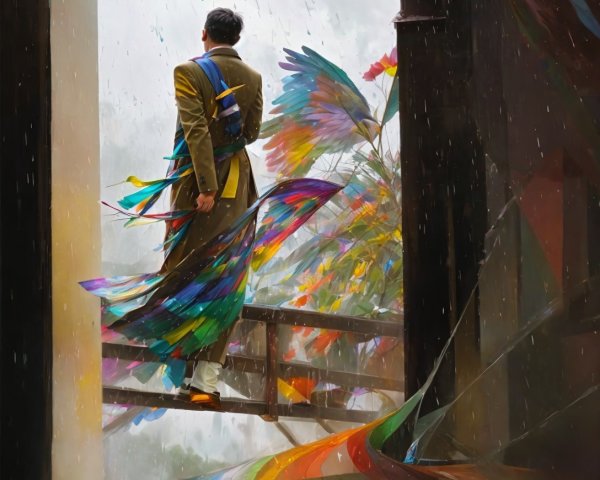 Man on Balcony with Rainbow Umbrella in the Rain