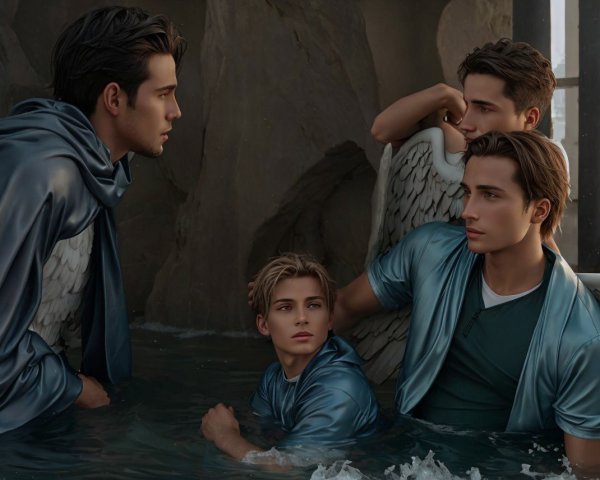 Young Men with Wings in Dark Water Setting