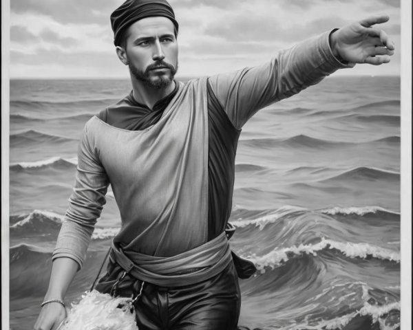 Black-and-white illustration of a man on turbulent sea