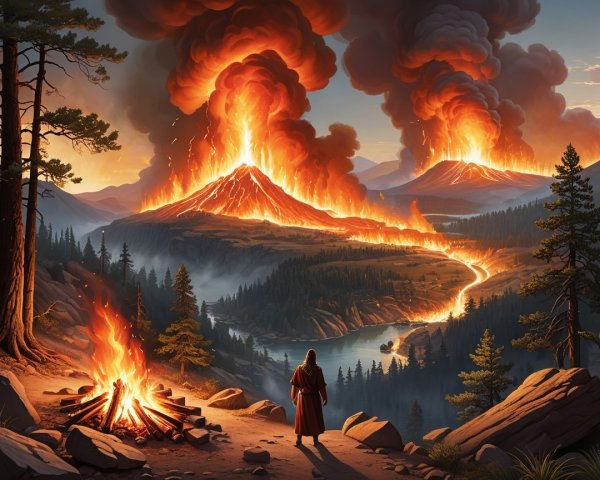 Volcano Eruptions with Tranquil River in Valley Scene