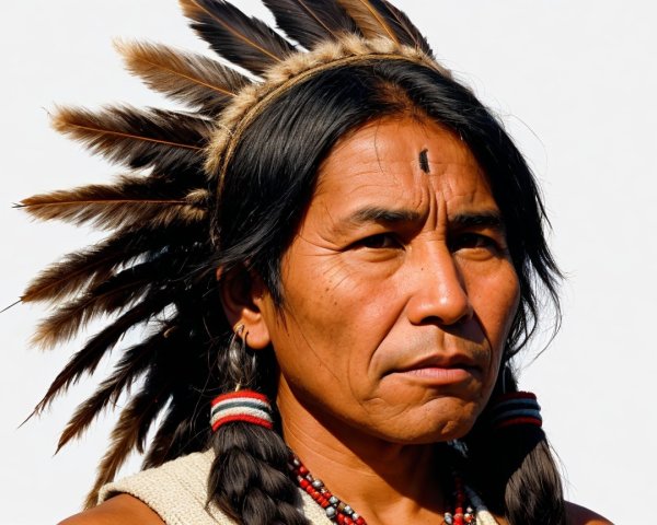 Indigenous Man in Traditional Attire with Cultural Symbols