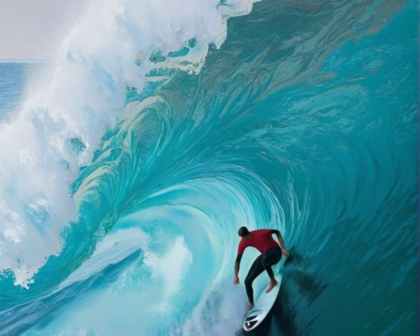 Surfer Riding a Massive Wave in Turquoise Waters