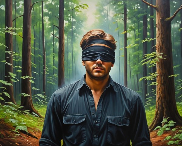Blindfolded Man in Forest with Sunlit Pathway
