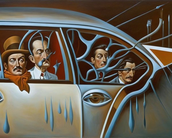 Surreal Scene of Men in Vintage Car with Abstract Background