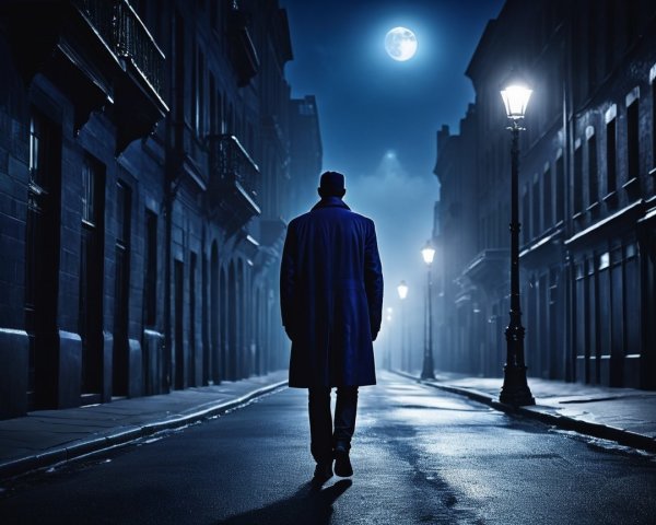 Mysterious figure walks down a dimly lit street at night