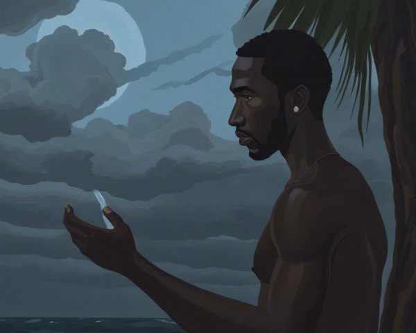 Nighttime Shore Scene with Contemplative Figure