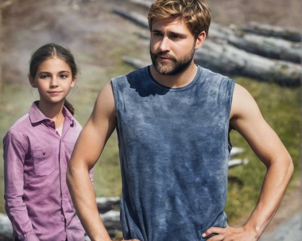 Young girl and muscular man in serene forest setting