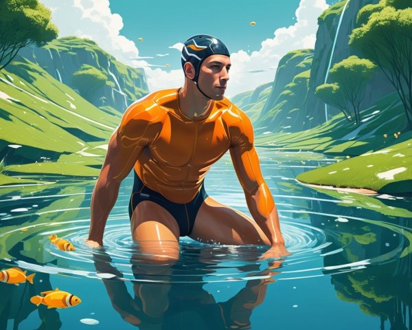 Muscular Swimmer in Serene River with Colorful Fish