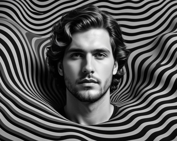 Monochrome Portrait of Young Man in Striped Background