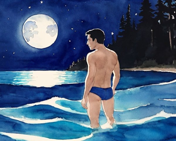 Young man in swim trunks by moonlit water