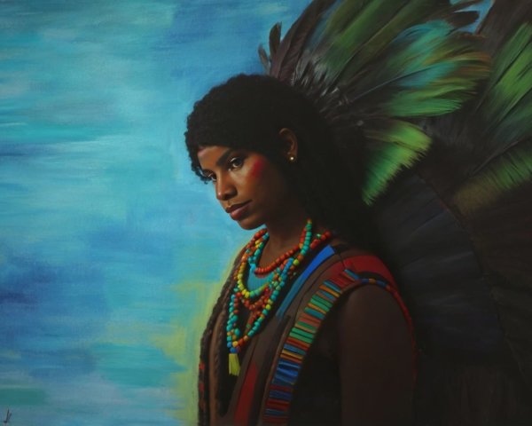 Portrait of a woman with vibrant jewelry and wings