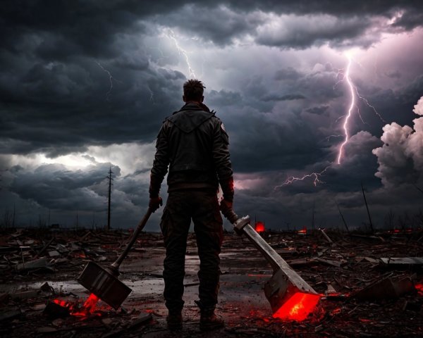 Silhouetted Figure in Dark Apocalyptic Landscape