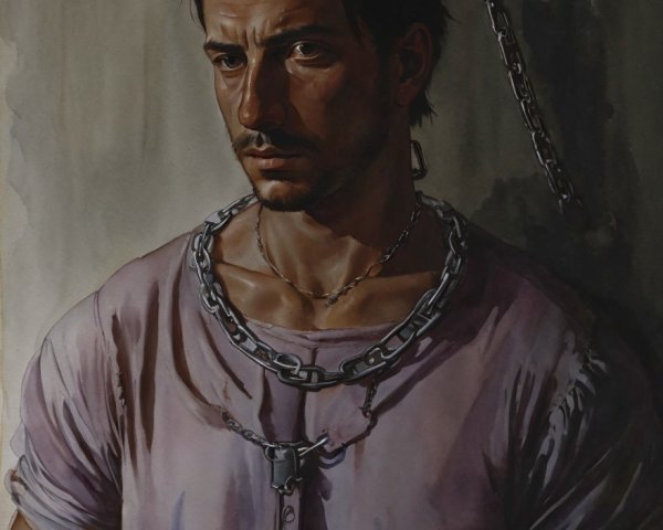 Man in Tattered Shirt with Heavy Chains and Intense Expression