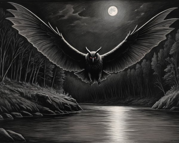 Majestic owl with red eyes over moonlit river scene