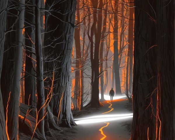 Shadowy Figure on Winding Path in Dark Forest