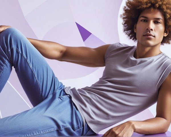 Young man with curly hair in pastel geometric setting