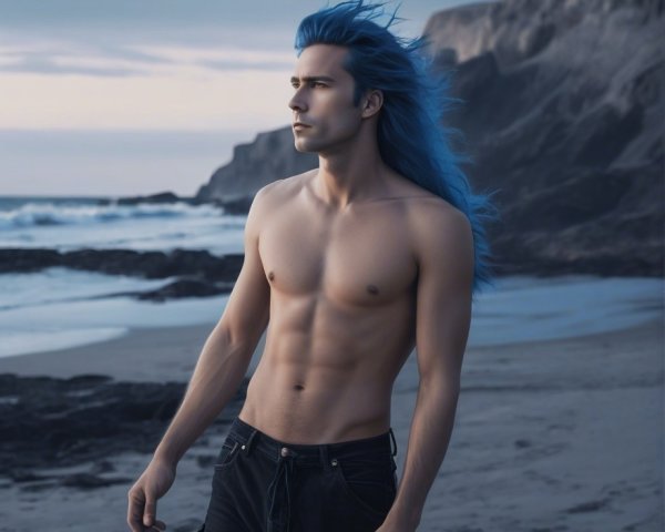 Young man with blue hair on a rugged beach scene