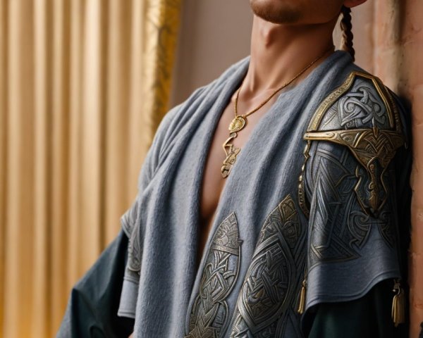 Young man in grey tunic with green eyes and patterns