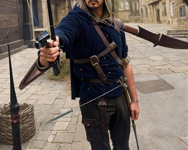 Young man in medieval village with crossbow and fog