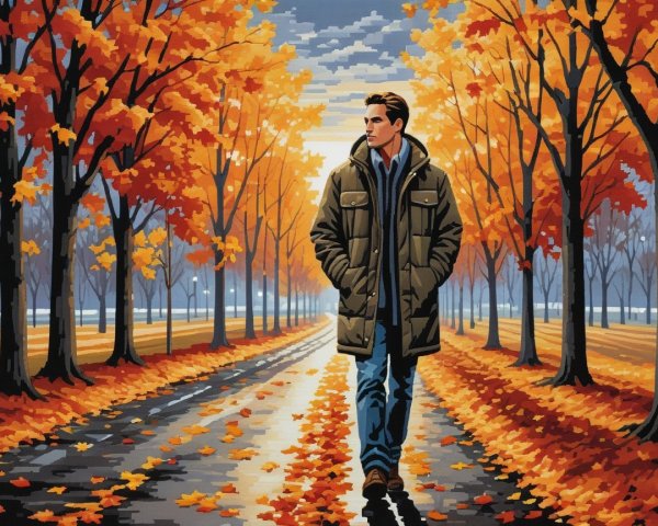 Solitary Figure on Autumn Path with Vibrant Foliage